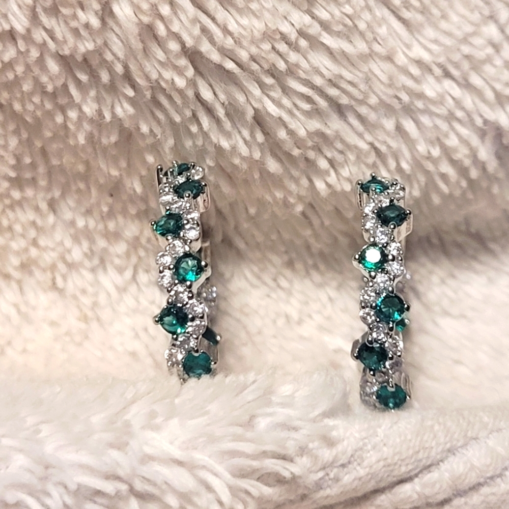 Elegant Lab Created White and Green Gemstone Hoop Earrings